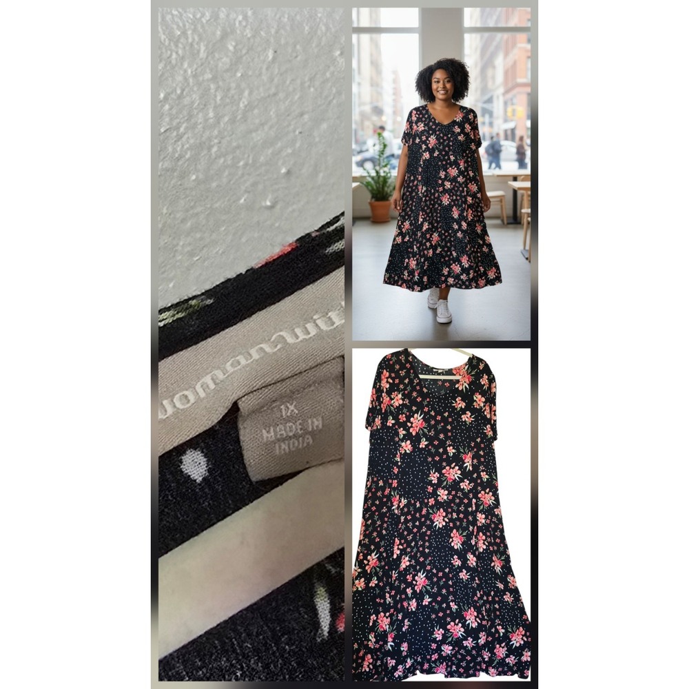 Woman Within black foral Print House‎ Dress Size 1x Short Sleeve V-Neck